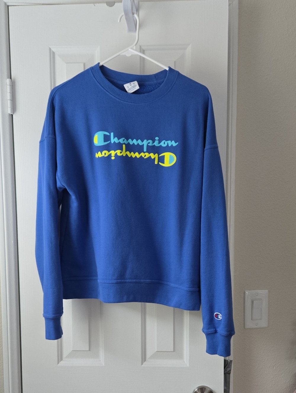 Champion Royal Blue Crewneck Sweatshirt with Yellow & Aqua Logo-Med
